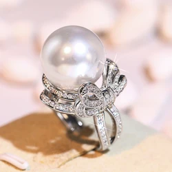 Huitan Gorgeous Bowknot Finger Ring Lady Graceful Simulated Pearl Accessories for Wedding Party Bright CZ Jewelry for Engagement