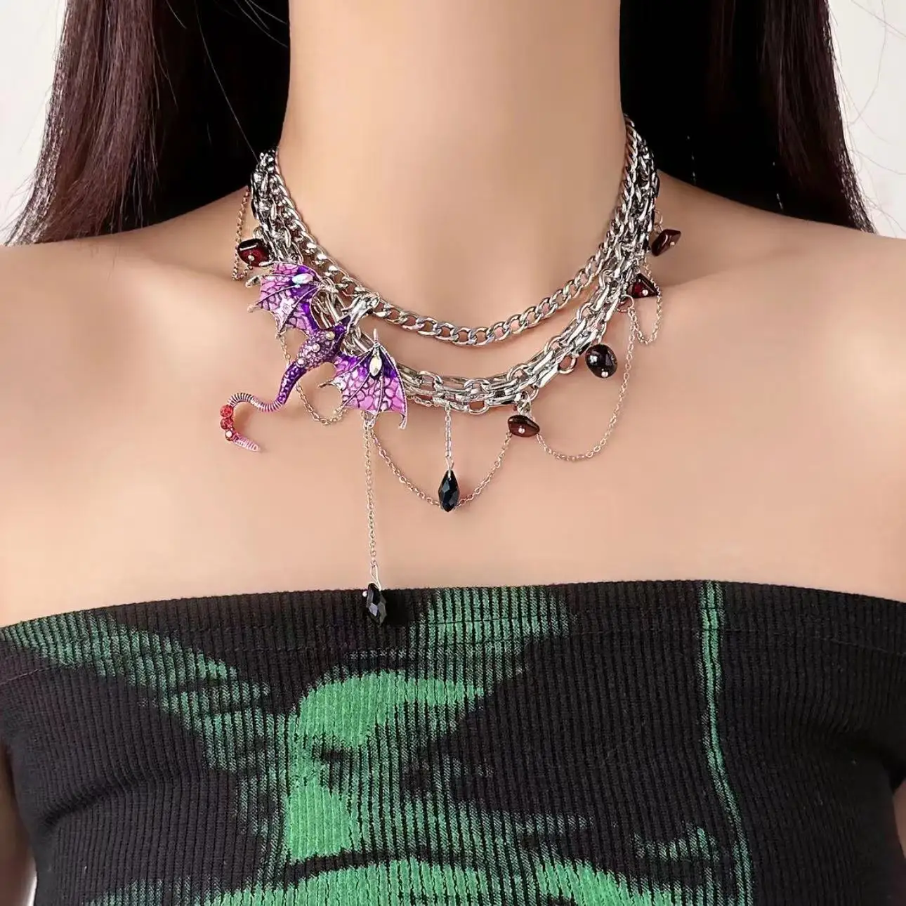 Collana gotica gioielli per le donne Goth Fly Dragon pendenti collane Crystal Choker Girls Punk Statement collana catena clavicola