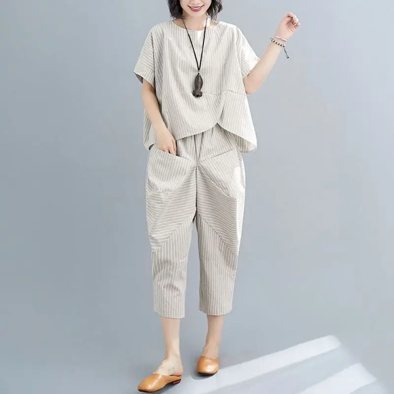 Large Size Casual Suits Women\'s Clothing Summer Cotton Linen Thin Irregular Short Sleeve T-shirt Loose Harem Pants 2 Piece Sets