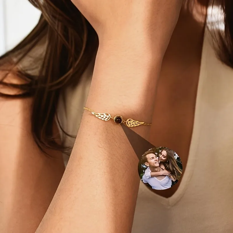 Custom Photo Bracelet Angel Wings Projection Bracelet Stainless Steel Minimalist Jewelry Bereavement Memorial Gift view 6