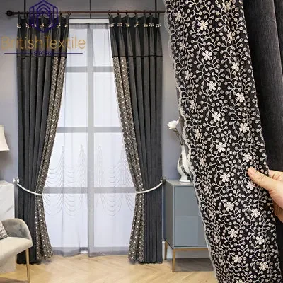 

French High-end Lace Stitching Chenille Blackout Curtains for Living Room and Bedroom Finished Products Customization