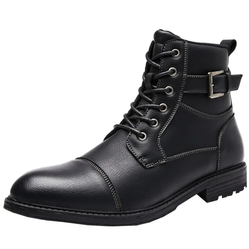 Anti Slip Retro Man Leather Boots Lace Up High Top Ankle Boots Autumn Winter Outdoor Men Martiin Boot Side Zipper Tooling Boots