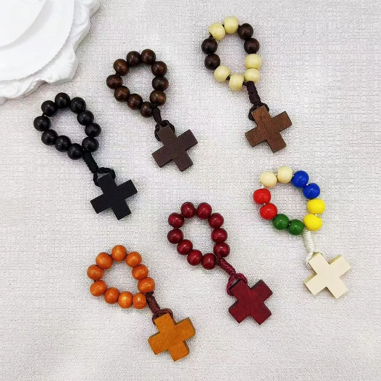 مسبحة خشبية صغيرة متقاطعة للأصابع خاتم صلاة كاثوليكي للمناولة المعمودية هدية لحفلات الزفاف للضيوف بالتواصل الأول #1