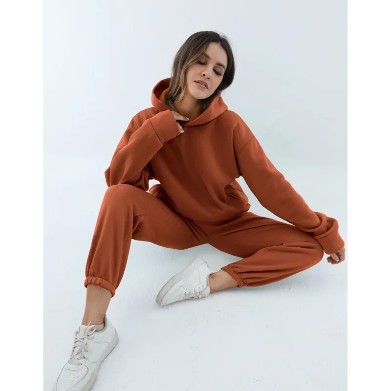 Simple Casual Women's Set For Autumn/Winter 2025 Featuring A Solid Color Hoodie Thickened Long-sleeved Sweatshirt And Long Pants