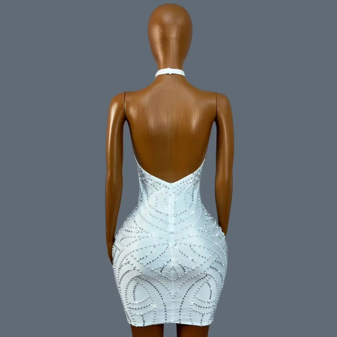 

Sparkly Rhinestone White Crystal Halter Dress Women Crisscross Neck Form Fitting Nightclub Birthday Party Dress Yunxianshang