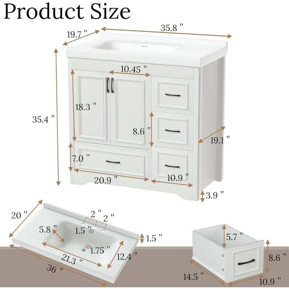 خزانة حمام مقاس 36 بوصة مع حوض، وخزانة حوض الحمام مع بابين، و4 أدراج، وحوض سيراميك (بدون صنبور) #4