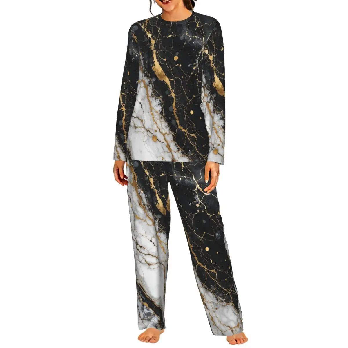 Marble Veins Black And White Golden Round Neck Long Sleeve Nightgowns for Sleeping Sleepshirts Women Loose Pajama Set Long Pants