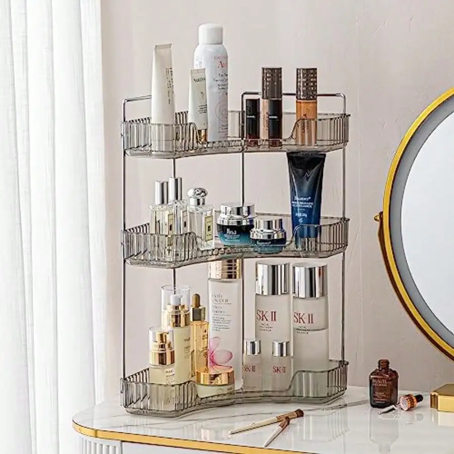 MX 3-Tier Corner Bathroom Counter Organizer Classic Storage Shelf For Makeup Perfume And Toiletries Space-Saving Countertop Tray Fits Bathroom Dresser Kitchen Slate Gray