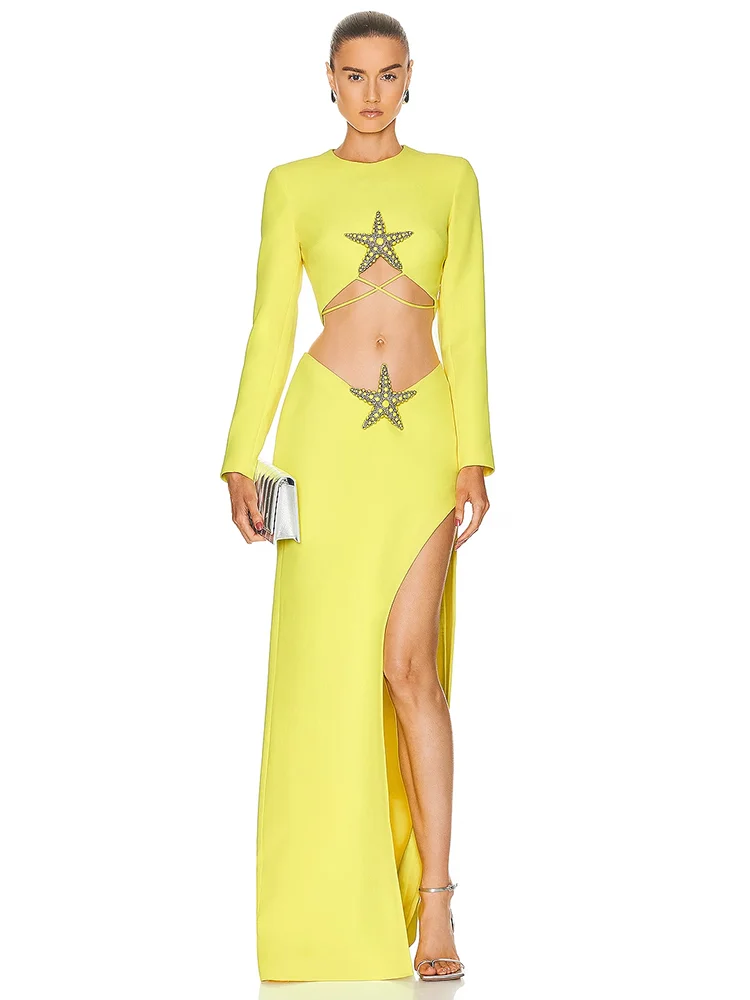 

Sexy Long Sleeve Short Top + Bandage Skirt 2-Piece Set Women Yellow Beaded Starfish Diamond Design Suits Nightclub Party Evening