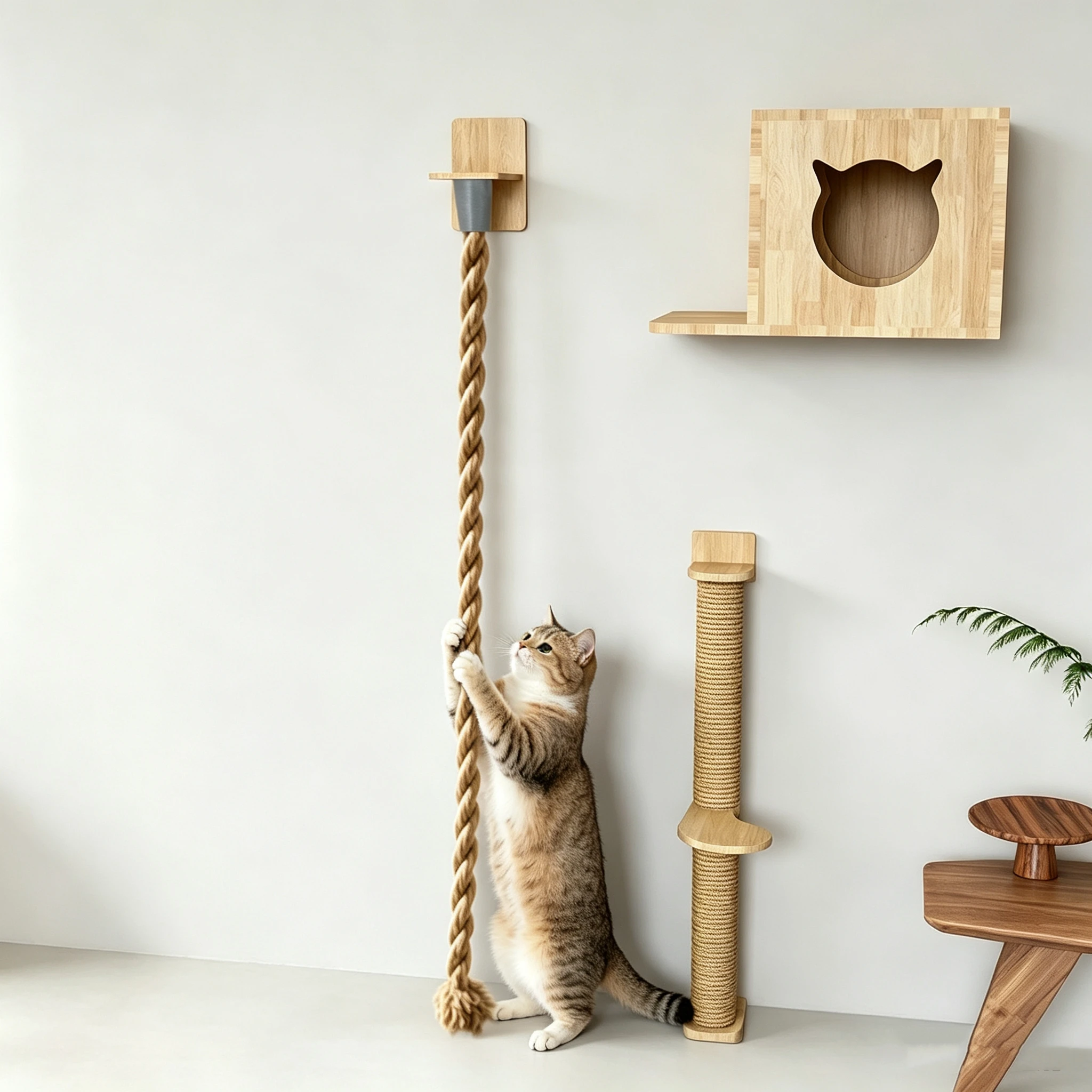 Wall Mounted Cat Climbing Rope with Wooden Base Kitten Scratching Post Interactive Jungle Play Toy Indoor Furniture for Cats
