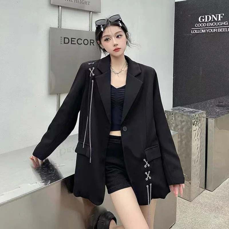 Black Women Y2k Autumn Fashion Streetwear Chain Decoration Suit Jackets Korean Oversized Casual A Button Coats