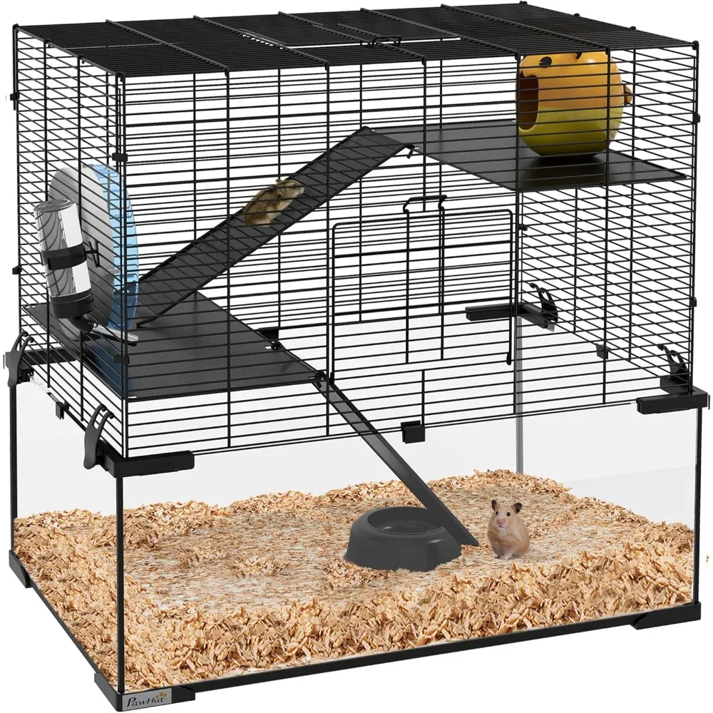 3 Tiers Hamster Cage w/Deep Glass Bottom, Dish, Hut,  ferret cage large  small animal cage  guinea pig cages