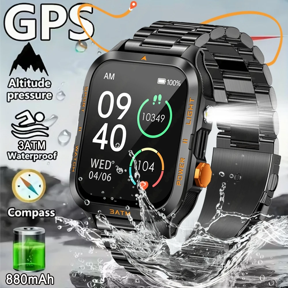 

3ATM Waterproof Outdoor Military Rugged Smart Watch Men's 880 mAh Battery With Flashlight Bluetooth Call Smartwatch Android IOS