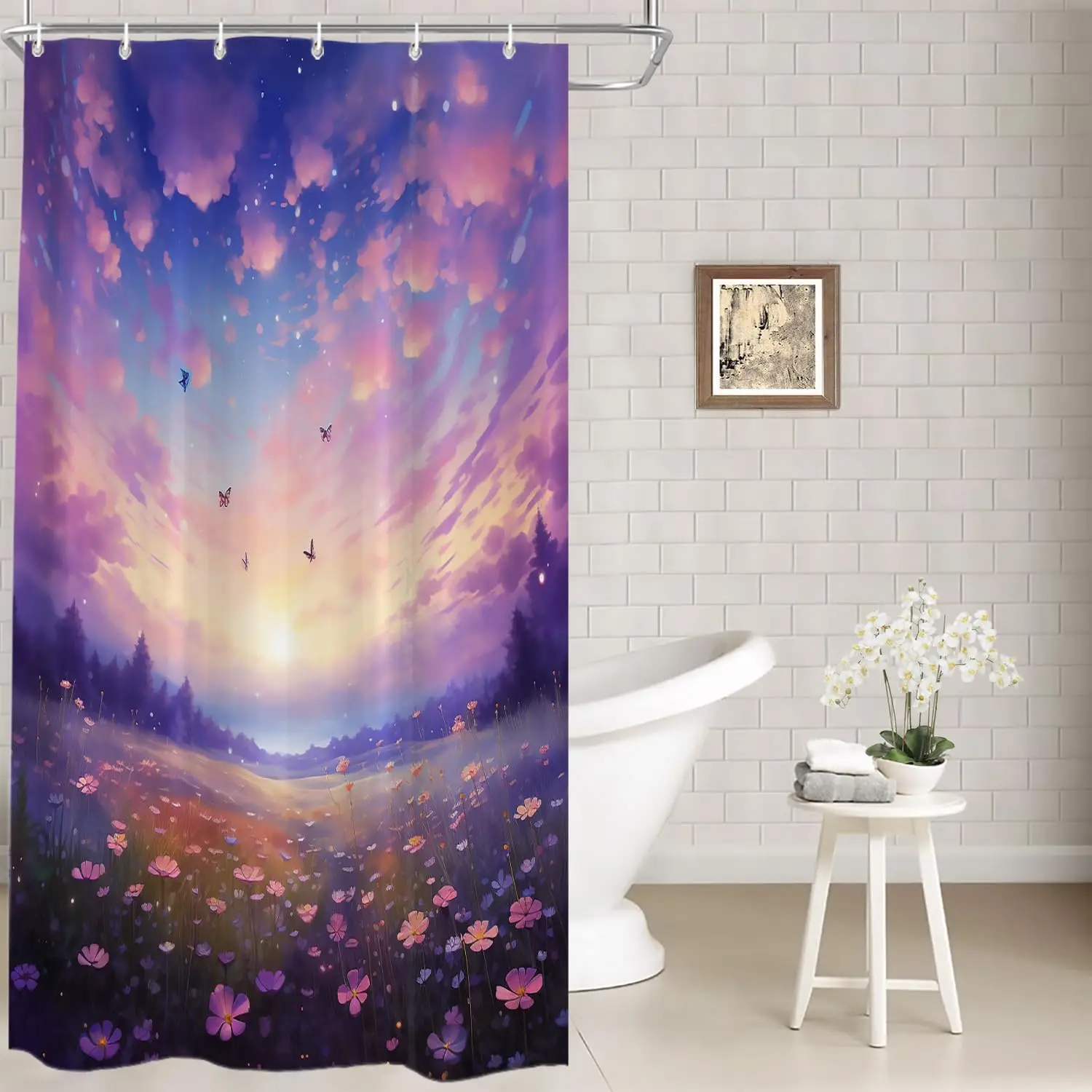 

Fantasy Landscape Waterproof Polyester Fabric Shower Curtain with Hooks Pastel Colorful Floral Scenery Printing Bathroom Decor