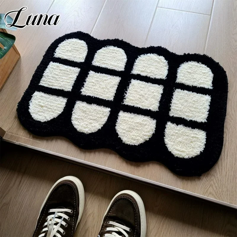 Plaid Tufting Carpets Bathroom Bedside Area Rug Minimalist Black White Checkerboard Washroom Floor Mat Living Room Decoracion