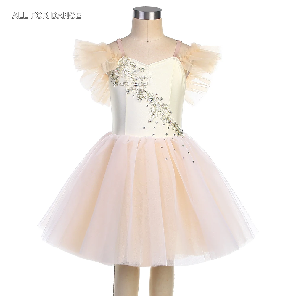 

23143 Off-the-shoulder Ivory Spandex Bodice with Gold Applique Decoration Romantic Tutu Skirt for Girls&Women Performance Dress