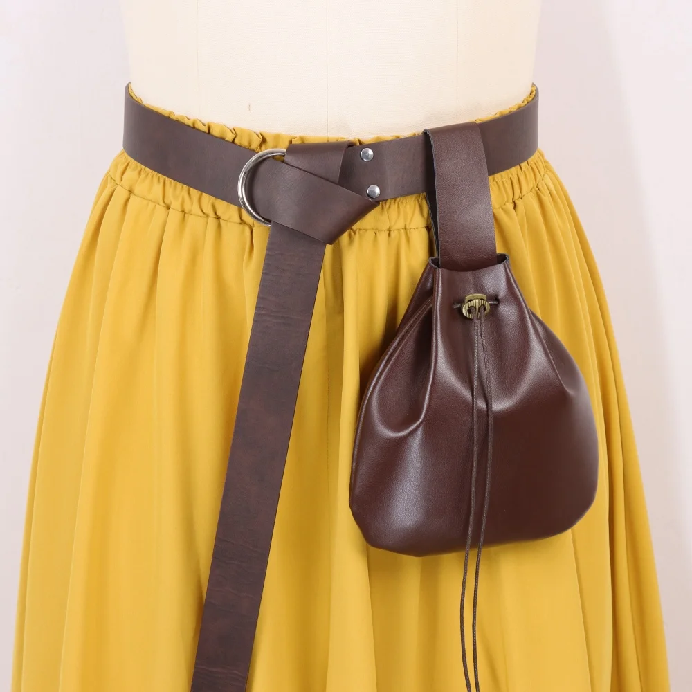 Vintage Medieval PU Leather Belt with Drawstring Pouch Renaissance Long Tail Waist Belt Hanging Bag Pirate Witch LARP Cosplay Ha view 3