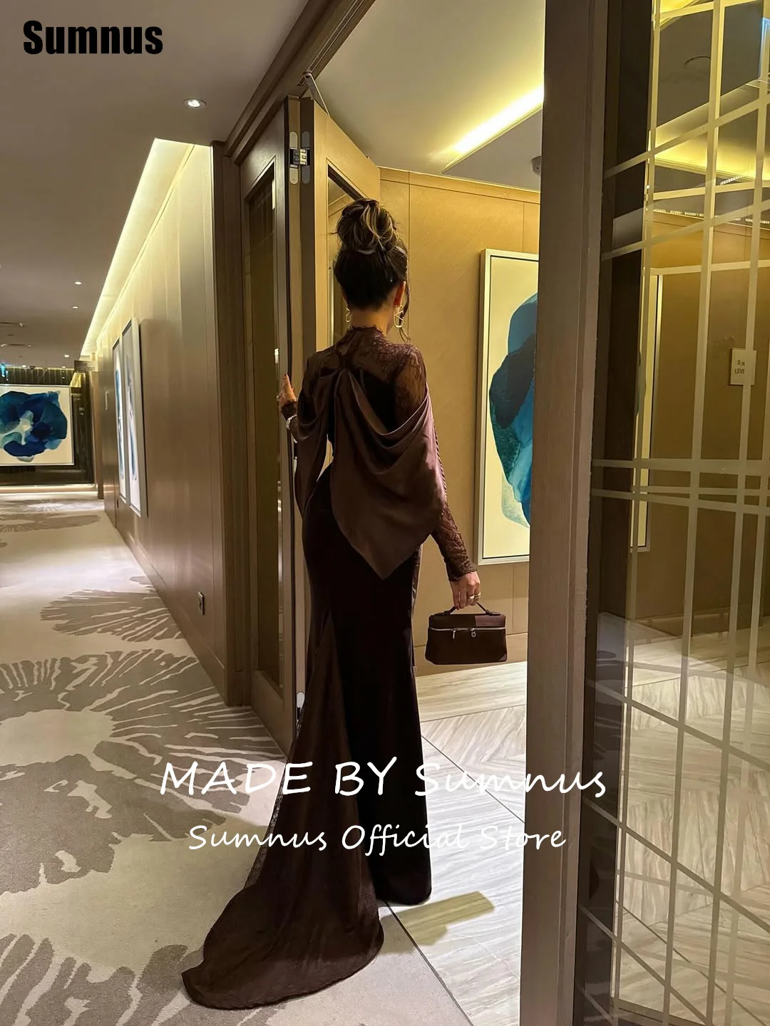 Sumnus الساحرة حورية البحر براون فساتين السهرة الدانتيل الطيات عالية الرقبة الطابق طول مساء اللباس Fساتين Shret مخصص
