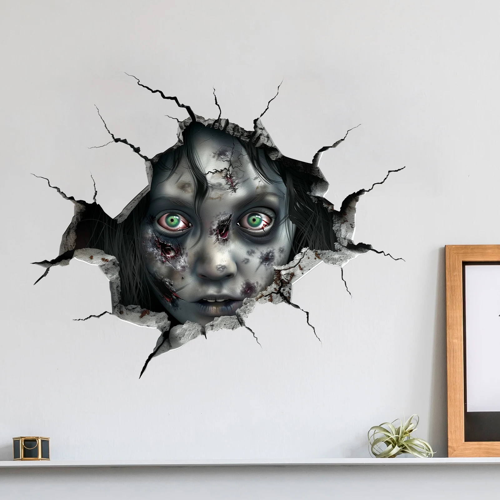 Broken Wall Zombie Ghost Wall Sticker, Horror Frame Scary Decal, Removable PVC Peel Stick Halloween Decoration