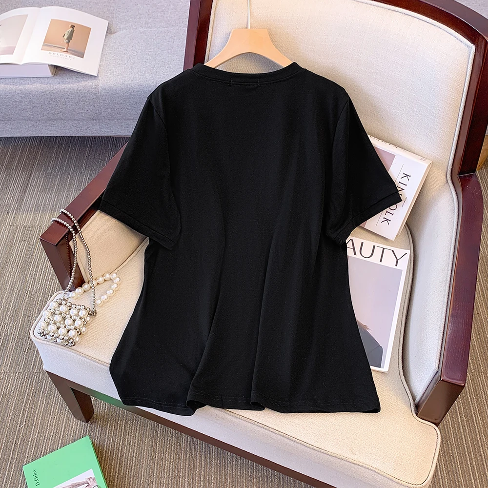 Plus size women's summer casual T-shirt Black terylene cotton fabric loose comfortable all-matching letter-printed commuter top