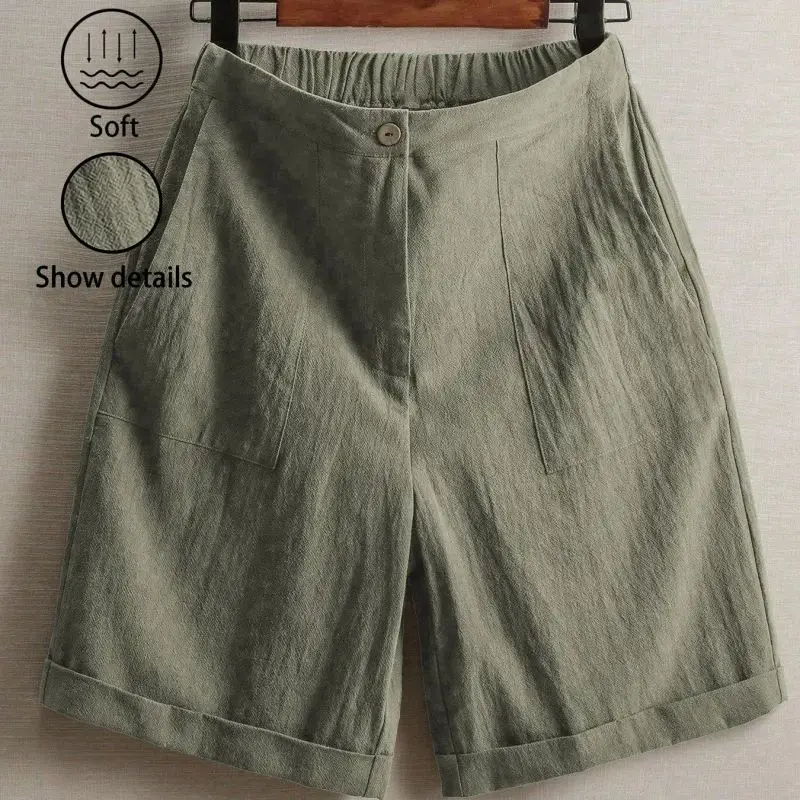 Women's High Waist Cotton Linen Blend Shorts Summer Casual Loose Fit Bermuda Shorts Solid Color Knee Length Plus Size Available