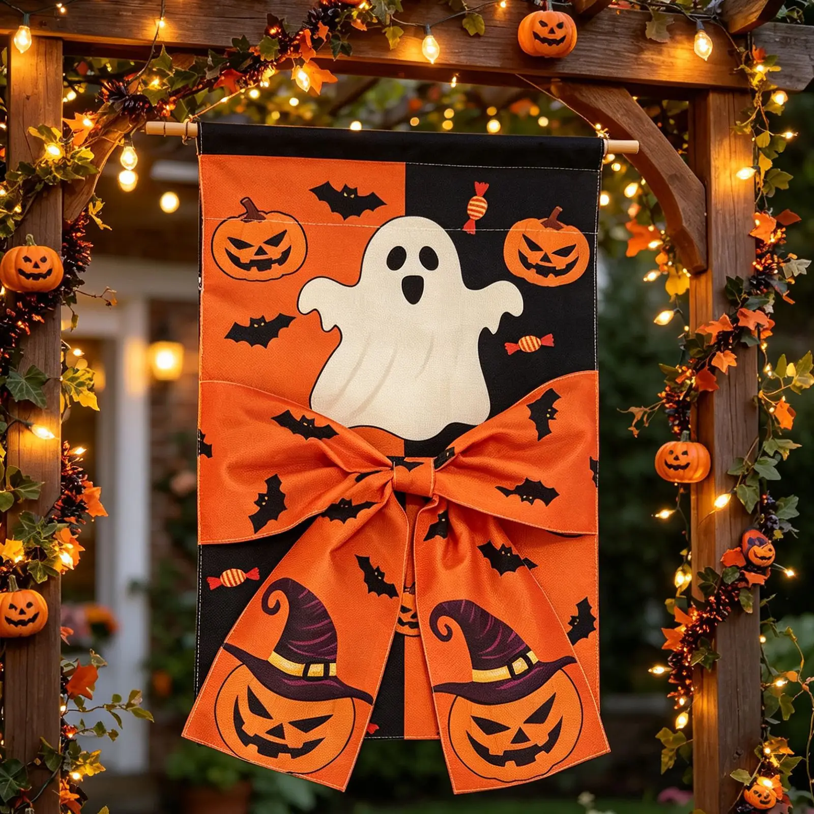 2 Stück Halloween Gartenläufer Digital Bedruckt Doppelseitiger Leinenstoff Schleifendekoration Hofläufer – Detail 16