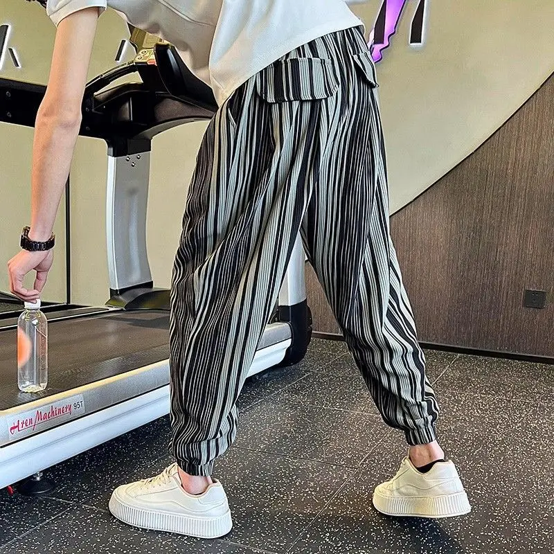 الصيف مخطط فضفاض الرجال عادية سراويلي حريمي خمر طويل Y2k الجمالية Harajuku موضة بيع الاتجاه Xxxl الذكور اقتصاص بنطلون #5