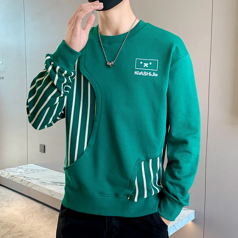 Fashion and Casual 2023 Autumn and Winter Men's Pullover Round Neck Letter Printed Contrast Loose Sweater Long Sleeved Tops