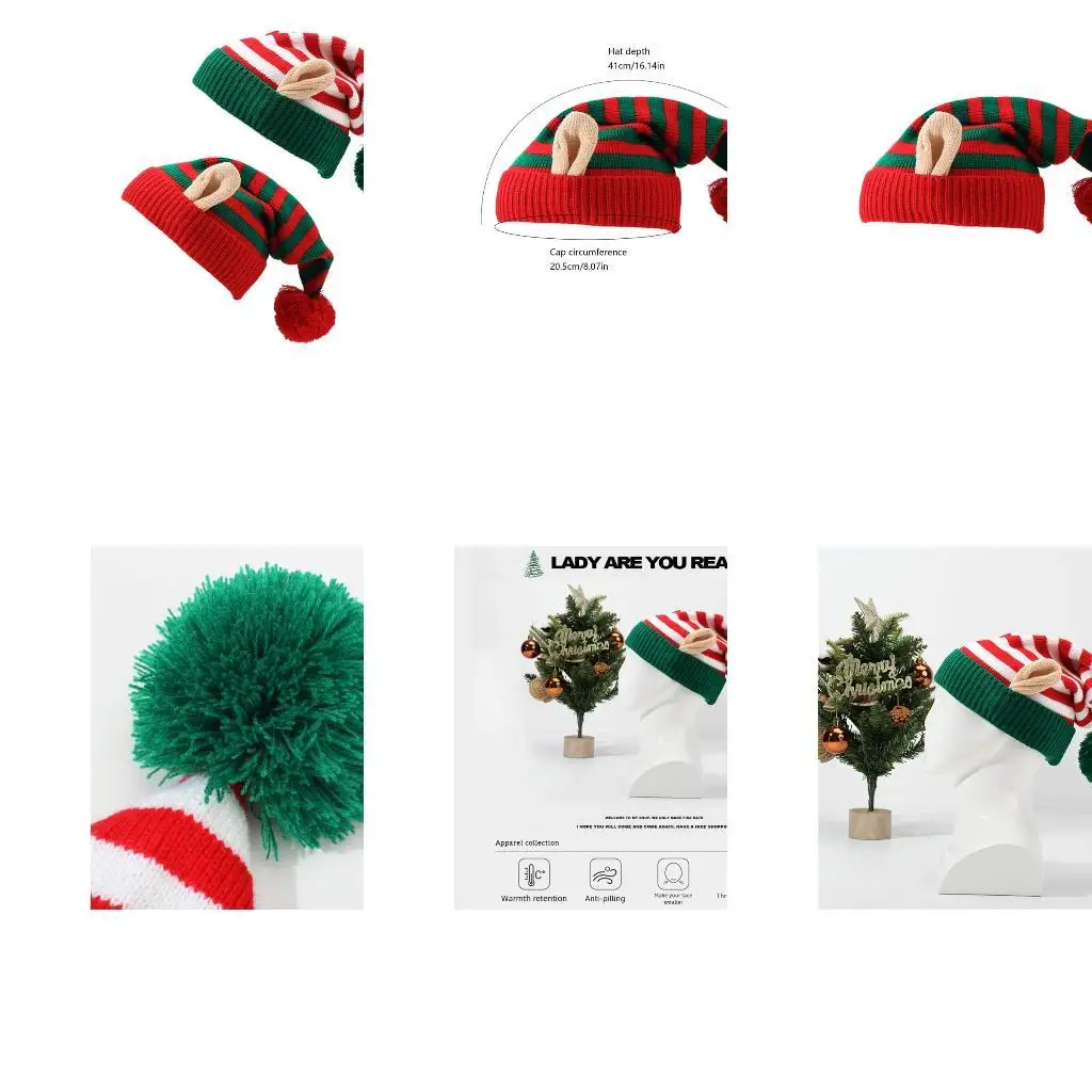 

652F Striped Holiday Hats With Soft Wool Ball with Small Ears Decoration Cap