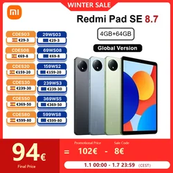 Xiaomi-Tableta Redmi Pad SE versión Global, dispositivo de 8,7 pulgadas, 90Hz, 4GB, 64GB, Helio G85 MTK, ocho núcleos, cámara de 8MP, 18W, 6650mA