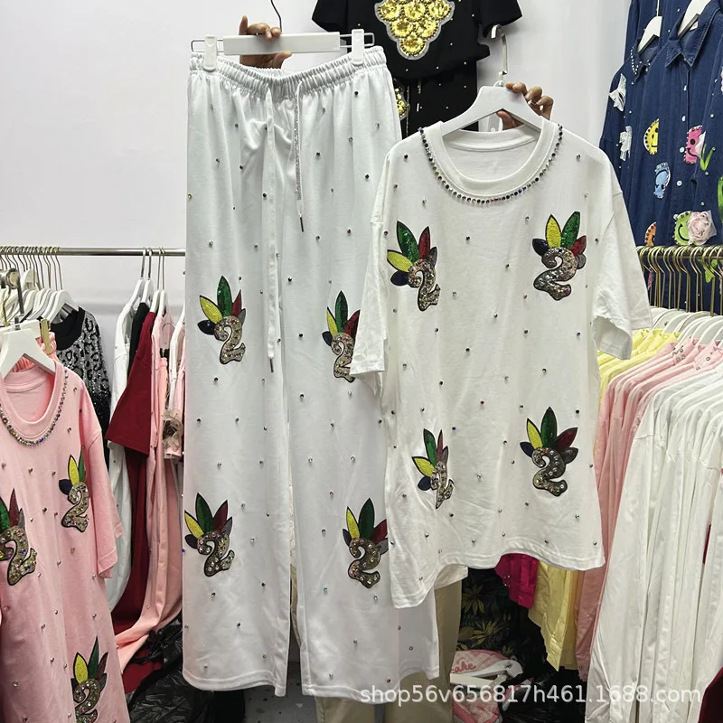 고품질 봄 여름 느슨한 여성 세트 자수 스팽글 다이아몬드 짧은 소매 티셔츠 탑 + 탄성 허리 캐주얼 바지