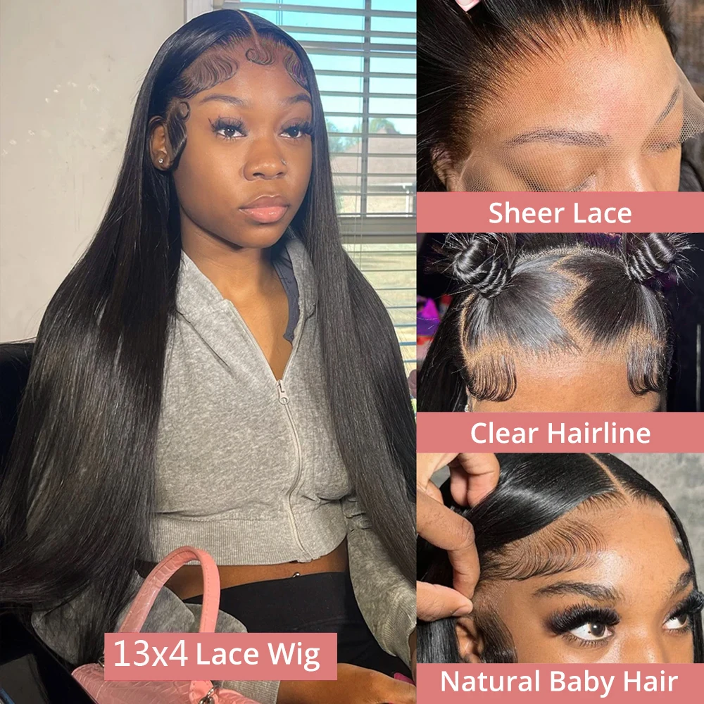 40 pulgadas hueso recto 13x4 Hd transparente peluca con malla Frontal cabello humano 250 densidad brasileño pelucas frontales de encaje prearrancadas para mujeres