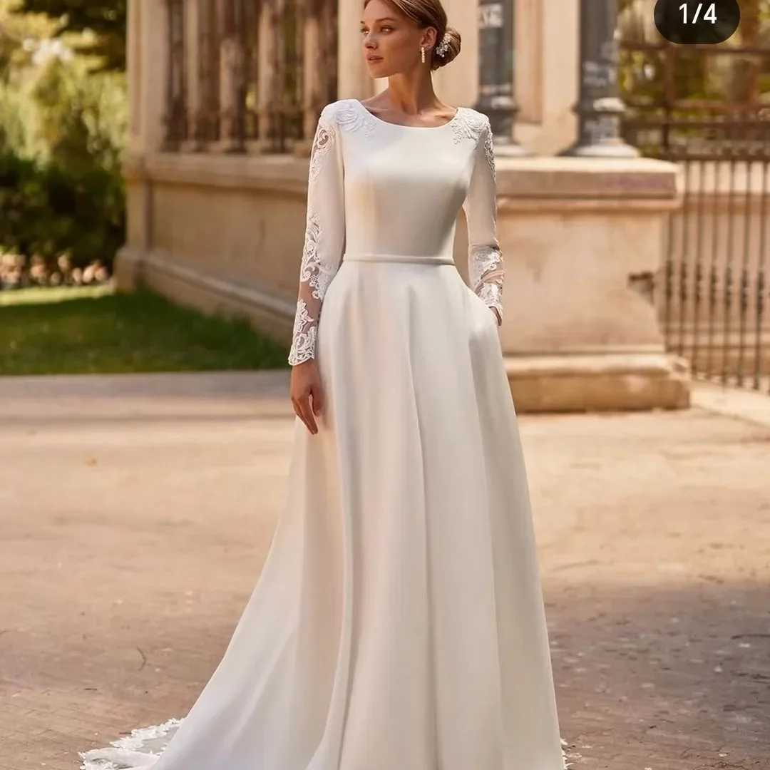 

Elegant Women Wedding Dresses Long Sleeves Robe De Marie With Pocket Lace Appliqués Bride Gown Vestidos De Novia Customized