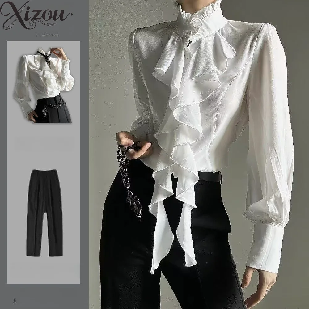Dark Gothic Vintage Court Ruffle Stand Collar Shirt Straight Pants Two Piece Set Unisex Prince Lolita Outfit 2026 Spring Autumn