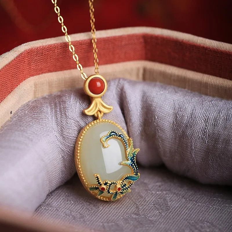 جديد الصينية Hotan اليشم قلادة الصين شيك الذهب زهرة الروطان الدائري أقراط سوار قصر نمط مجموعة مجوهرات