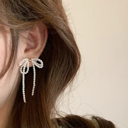 ZAKOL New Arrival Imitation Pearl Bow Dangle Earrings for Women Girls Korean Fashion Tassel Long Party Earring Jewelry Gift