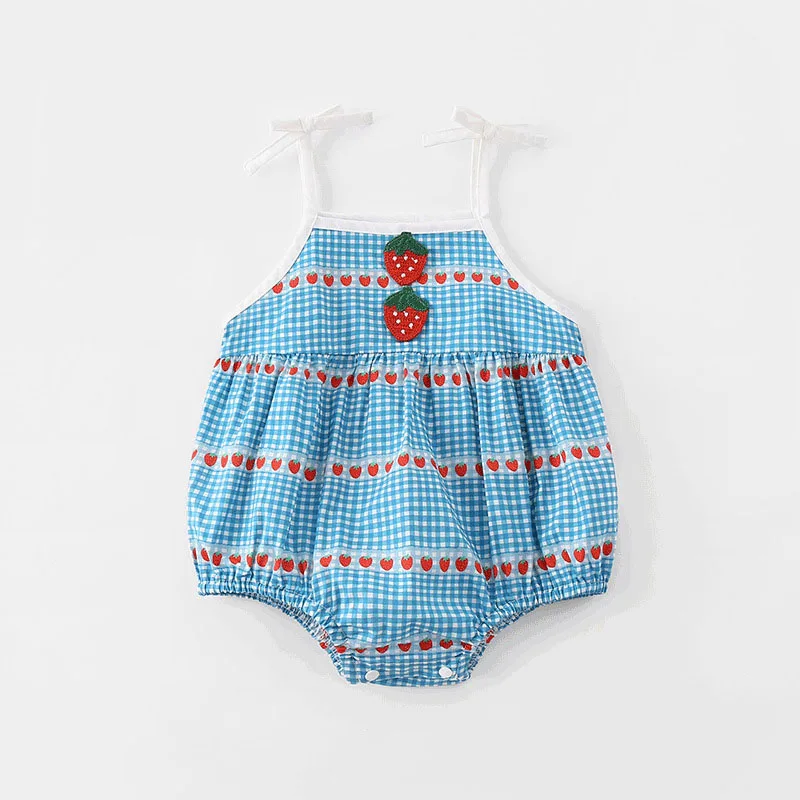 MILANCEL New Summer Baby Suspenders Bodysuit Toddler Girls Blue Check Embroidered Strawberry One Piece
