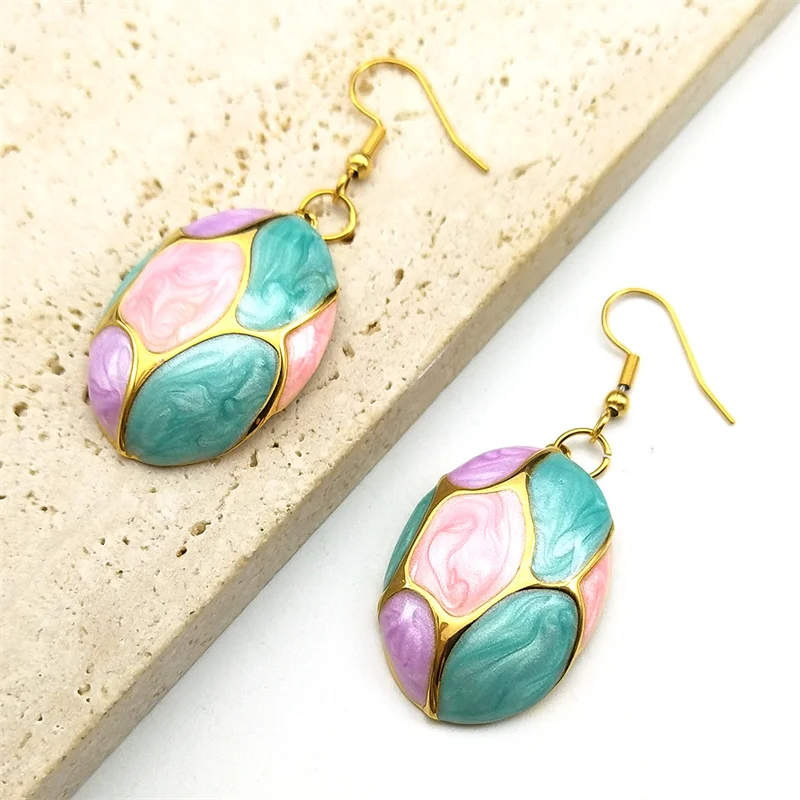 Geometric Contrasting Colorful Enamel Oval Drop Earrings for Women Stainless Steel Gold Color Hoop Earring Jewelry Gifts 387-3