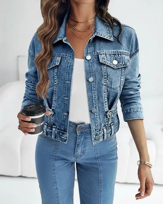 

Women's Jacket 2026 New Vintage Turn-Down Collar Button Front Casual Flap Pockets Design Cinched Waist Washed Crop Denim Coat