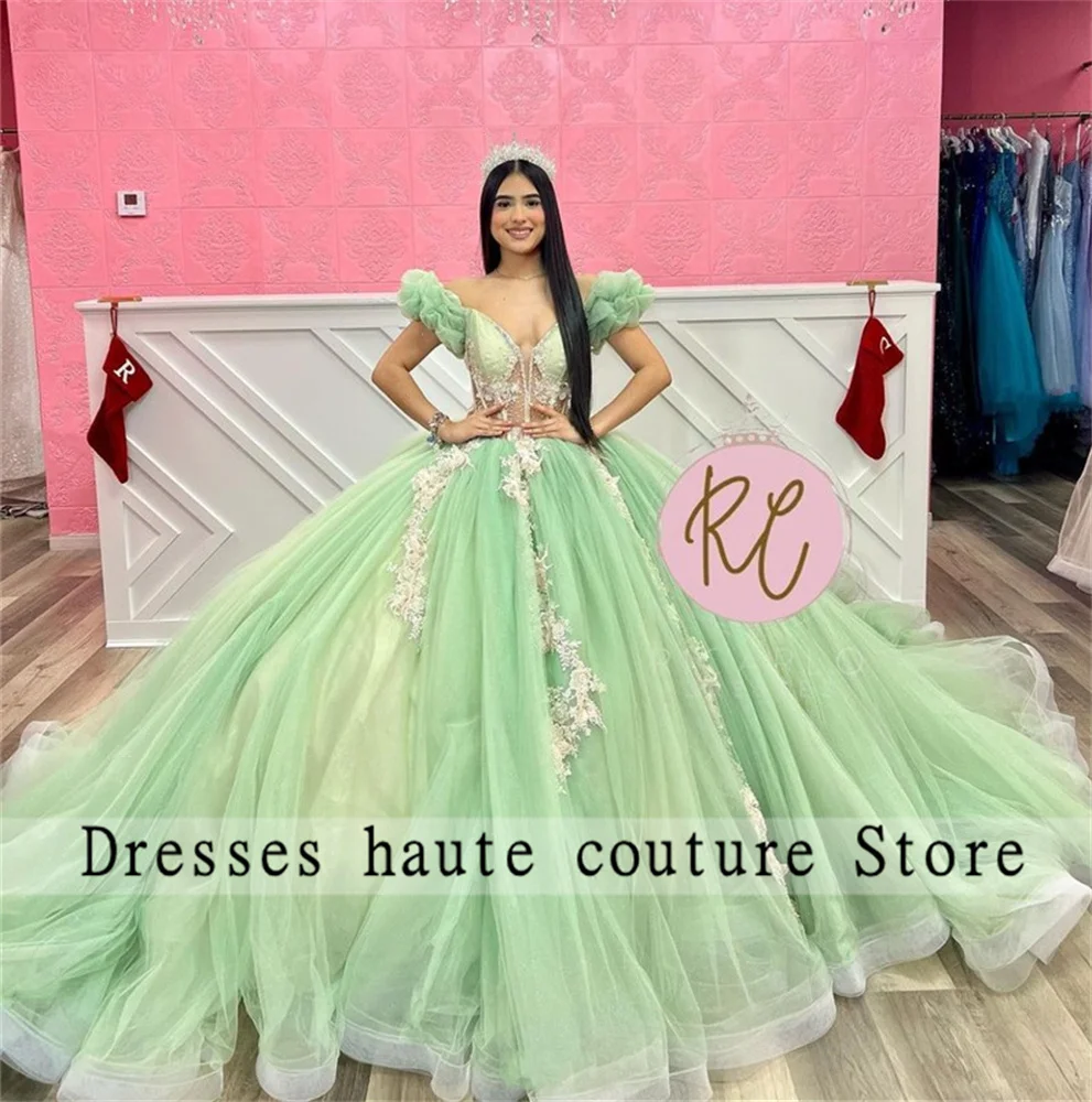 

Mint Green Tulle Quinceanera Dresses 2024 Luxury Beaded Lace Appliques Ball Gown Sweet 16 Dress Vestidos De 15 Quinceañera