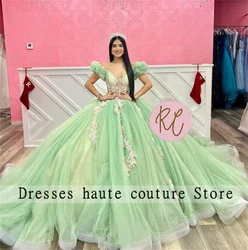 Mint Green Tulle Quinceanera Dresses 2025 Beaded Lace Appliques Ball Gown Sweet 16 Dress Customized Vestidos De 15 Quinceañera