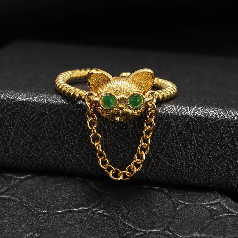 Gold Color Cute Cat Head Chain with Glasses Ring Green Zircon Animal Dog Adjustable Ring Men and Women Hip Hop Trendy Jewelry