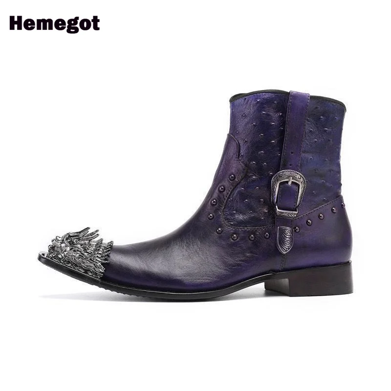 Bottes en Cuir Violet avec Perles Métalliques pour Homme, Fermeture Éclair Latérale Rouge, Grande Taille 37-47