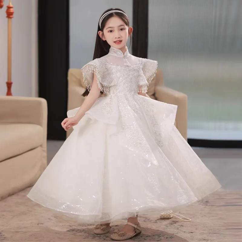 Elegant Flower Girls Dress For Wedding Party High Neck Tassels Cap Sleeves Concert Junior Bridesmaid Gown