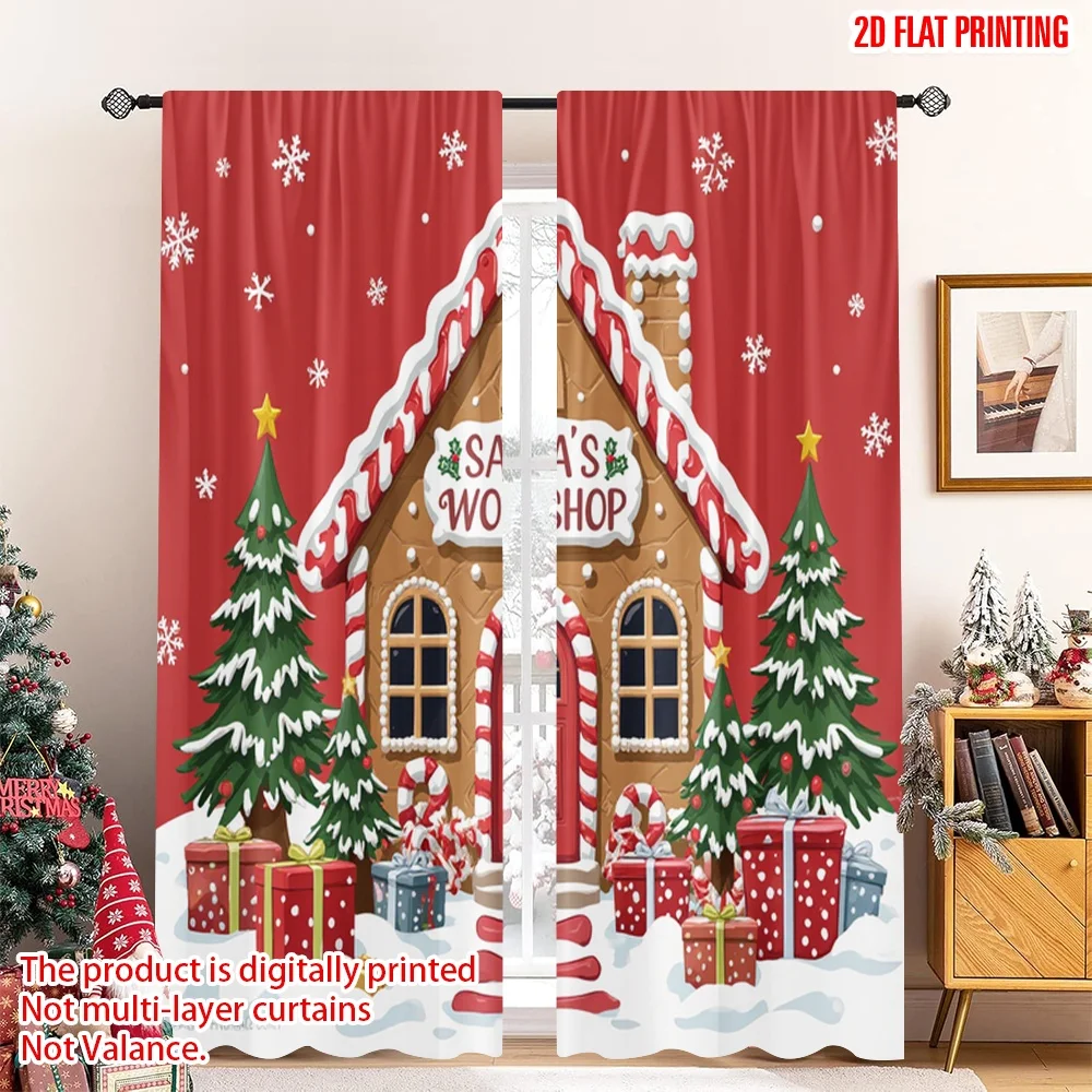 

2pcs 2D flat printing Merry Christmas Popular Window Drapes Christmas Gingerbread House Scene 100% Polyester Fabric Without