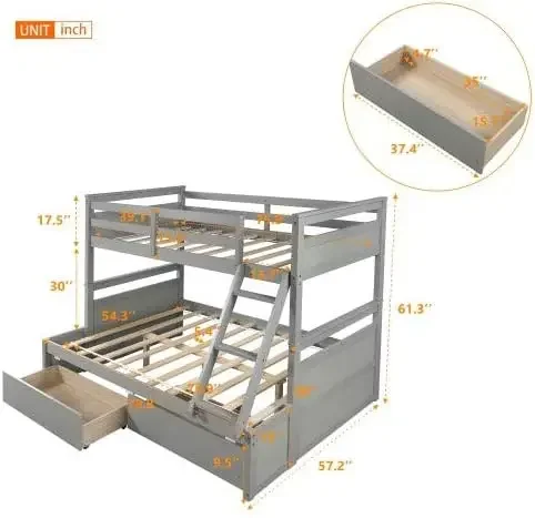 Twin Over Full Bunk Bed with Ladder and Storage Drawers ,Bunk Bed Frame, Can Be Separated Into