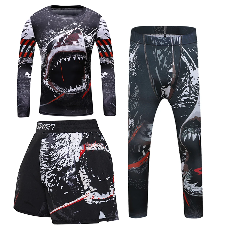 BJJ GI Kids MMA Rashguard T-shirt +Pants Set Jiu Jusit Tights Muay Thai Shorts Rash Guard For Children MMA Compression Sportsuit