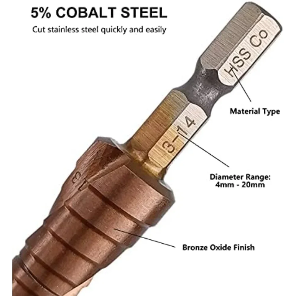 For Metal Fabrication Cobalt Step Drill 14 Hex Shank High Cutting Speed Heat-resistant Alloy For Stainless Steel