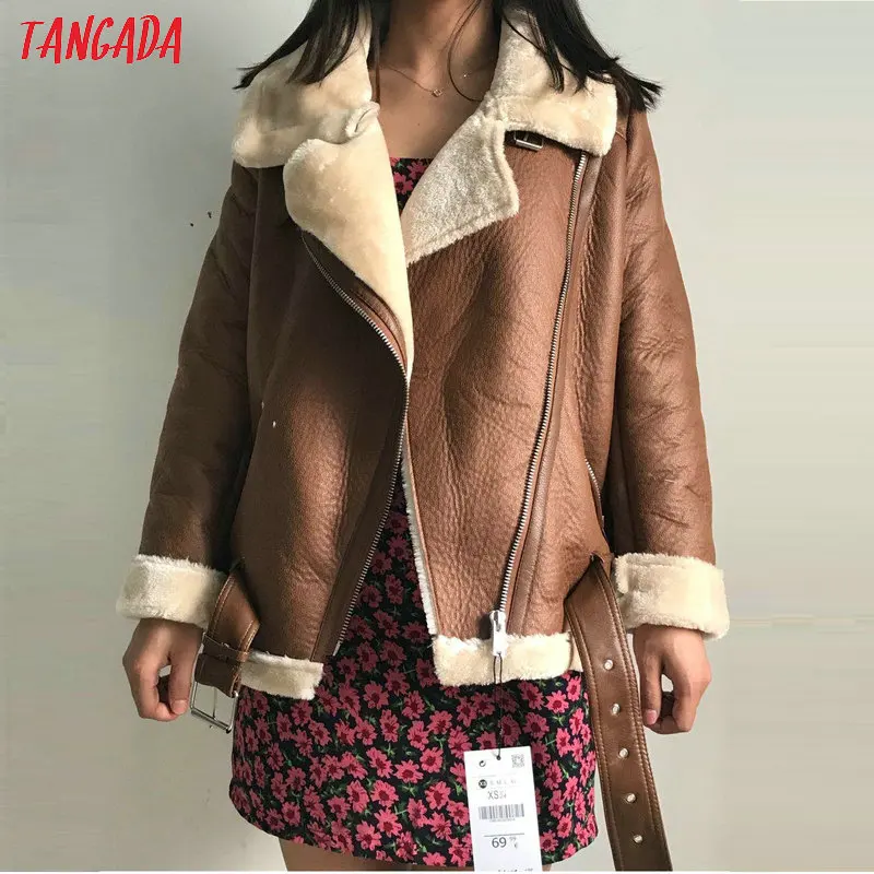 Tangada Women beige fur faux leather jacket coat with belt turn down collar Ladies 2021 Winter Thick Warm Oversized Coat 5B01