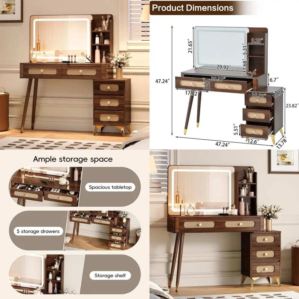 Туалетный столик для макияжа Vintage 47, зеркалом, подсветкой, 5 ящиков, полкой для хранения, стиль ротанга